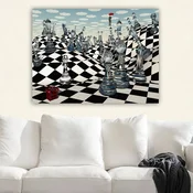 WallXpert slika na platnu 147982502_70100, nadrealna šahovska tabla sa staklenim figurama, 70 x 100 cm