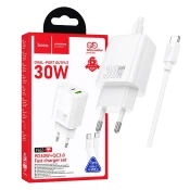 HOCO polnilec N63 GaN PD 30W USB-A, Type C s kablom Type C na Type C za Samsung - bel