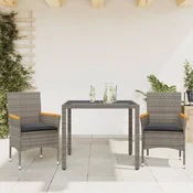 3-dijelni vrtni blagovaonski set s jastucima poliratan i staklo Siva 90 x 90 x 75 cm