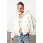 Trendyol Ecru Plush Regular/Normal Pattern Hooded Zippered Thick Knitted Sweatshirt