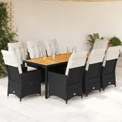 9-dijelni vrtni blagovaonski set s jastucima crni od poliratana Crna 190 x 90 x 75 cm