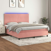 Greatstore Box spring postelja z vzmetnico LED roza 160x200 cm žamet