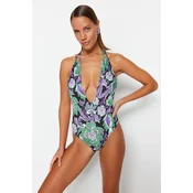 Trendyol Floral Pattern Deep-Chocolate Low-Cut Back, Regular Leg Swimsuit