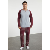 Trendyol Claret Red - Gray Mens Regular Fit Raglan Sleeve Checked Knitted Pajama Set