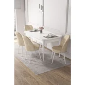 Hanah Home trpezarijski set Kor, sto na razvlacenje i 4 stolice, bela ploca, krem tkanina Jerry