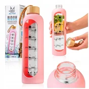 B.U. 1000 ml steklena steklenica za vodo s silikonskim etuijem (roza)