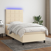 Greatstore Box spring postelja z vzmetnico LED krem 100x200 cm blago