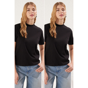 Trendyol Black-Black 2-Pack 100% Cotton Basic Stand Collar Knitted T-Shirt