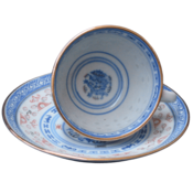 Skodelica za čaj, kavo z krožničkom , set 1/6, rižev porcelan, dekor zmaj, moder, zlati rob