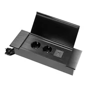 Vgradna vtičnica za pohištvo z ravnim mletim robom, nagibnim pokrovom, USB polnilcem in 1,5 m kablom, 2x2P+E (Schuko), 2xUSB (tipa A+C; 3,6A), črna