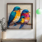 WallXpert uramljena MDF slika DOS060-50, tri šarene ptice na grani, slikano špahtlom, 50 x 50 cm
