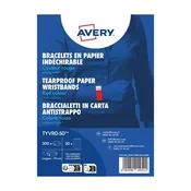 Avery Zweckform identifikacijske zapestnice TYVRD-50 so narejene iz trpežnega Tyvek materiala. Velikost zapestnic je 19 x 256 mm, barva neonsko rdeča. Zapestnice so na listih A4 in se jih enostavno loči.