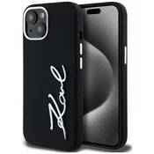 Ovitek Karl Lagerfeld Case silikonski s kovinskim Script logotipom za iPhone 15 črn (KLHCP15SSCMSMVK)