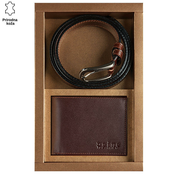 Princ Leather Muški poklon set novcanik i kaiš, Braon