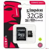 Micro SD card Kingston SDCS/32GB CANVAS SELECT SA 1 ADAPTEROM 80MBS READ,10MBS WRITE,CLASS 10 UHS-I