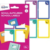 Avery Zweckform šolske etikete SCHOOL8S, bele z barvnim robom in motivi smešnih obrazov za označevanje zvezkov, knjig, igrač in drugih šolskih potrebščin, permanentno lepilo, 46 x 68,8 mm, 8 etiket/zavitek