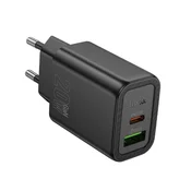 Hoco Mrežni polnilnik za telefon Hoco USB-A + USB-C QC3.0 PD 3A 20W N61, črn
