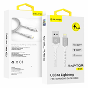BLAVEC RAPTOR KABEL PREPLETEN – USB NA LIGHTNING – 2.4A 0.5 METRA – belo-srebrni