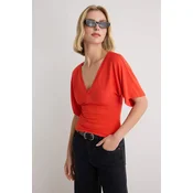 Trendyol ženska bluza Milla Red Striped Fitted V-Neck Bat Sleeve Crop/Short Viscose Ribbed Knitted, crvena-prugasta