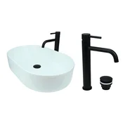 shumee GTM Design Aufsatzwaschbecken 61 cm Glanz Set mit Waschtischbatterie und Stopfen - Aufsatzwaschbecken Oval für Badezimmer - Modern Waschbecken ohne Hahnloch - Waschbecken mit Armature