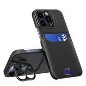 HURTEL Usnjen ovitek s stojalom za iPhone 14 Pro, etui z denarnico za kartice, črn