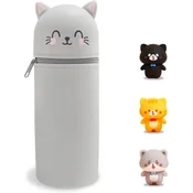 Nikcorp 2v1 šolski peresnik Kawaii Kawaii Pencil Case, mehak silikonski stoječi organizator za pisala in barvice, sivo-sivka mačji motiv, višina 19,5 cm, kovinska zadrga