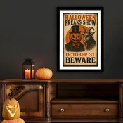 WallXpert uramljena slika 3752HALCT-012, retro Halloween poster Freaks Show sa bundevom u odelu i jarcem, 37 x 52 cm, crni ram