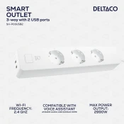DELTACO SMART HOME Produžni kabel, WiFi 2.4GHz, 3xCEE 7/3, 2xUSB-A, 13A, 220-240V, 1.5m, BIJEL