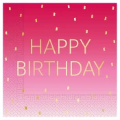 Roza barvni rojstnodnevni prti Happy Birthday z dvema plastema papirnatih prtičkov, paket 20 kosov.