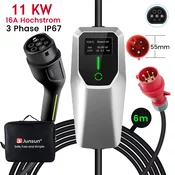 JUNSUN Tip 2 EV Polnilni Kabel za Električna Vozila – 3-Fazni 11KW, Nastavljiv Tok, Prenosni Polnilec 6M s CEE16A Vtičnico in Torbico (6/8/10/13/16A), (22127985)