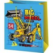 Srednje velika darilna vrečka z motivom gradbenih strojev Big Wheel 18x10x23 cm