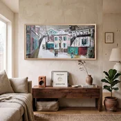 WallXpert uramljena MDF slika ARTSNTMDL4, zimska ulica na Monmartru sa šarenim kucama, 50 x 120 cm