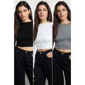 Trendyol Black-White-Anthracite 3-Pack Crop Fitted/Body-Sit Knitted Blouse