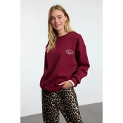 Trendyol Claret Red Slogan Embroidered Color Block Oversize Thick Polar Fleece Knitted Sweatshirt