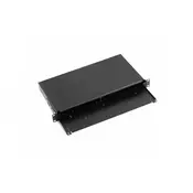 Fiber optic cross-connect panel without front plate, 19 1U, retractable, cable gland PG13.5 and PG16, cable ties and brackets, black