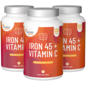 Essentials Železo 45 + Vitamin C, visok odmerek - vegansko, 360 kapsul