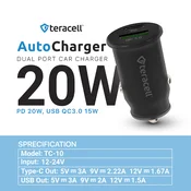 Auto punjac Teracell Evolution TC-10 PD 20W/ USB QC3.0 15W crni