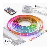 KOMPLET 1x digitalna LED RGBW traka 16,5W/230V 5 m + 5x ugradni profil 1 m + daljinski upravljac