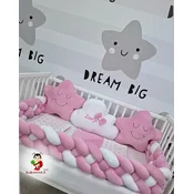Bubamara037 Set za krevetac sa ogradicom od pletenica, sa lastišom, Roze-Beli