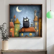 WallXpert uramljena MDF slika DOS012-33, cupava crna macka na krovu pod polumesecom, 34 x 34 cm
