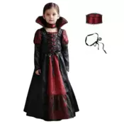 Nikcorp Kostum Vampirka obleka za otroke s choker ogrlico, črno-rdeča, s čipko pajčevina, Halloween, Pust, 130/140 cm
