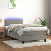 Greatstore Box spring postelja z vzmetnico LED svetlo siva 100x200cm žamet