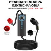 JUNSUN Tip 2 EV električni avtomobilski polnilni kabel – 11 kW, nastavljiv tok 6–16 A, prenosni polnilnik 8 m z vtičem CEE, trifazni, IP67, (5000231351)