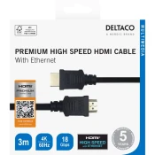 DELTACO Premium HDMI Kabel, 4K UHD, 3m, Crni