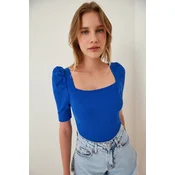 Happiness Istanbul Womens Dark Blue Square Collar Corduroy Crop Blouse