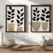 WallXpert set uramljenih MDF slika NAL193-70, crne grane sa lišcem u pletenim saksijama, 2 x 50 x 70 cm