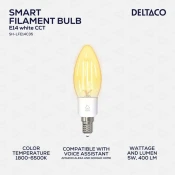 DELTACO SMART HOME LED Filament Žarulja E14 s WiFi, 4.5W, 400lm, Prigušiva, 1800K-6500K