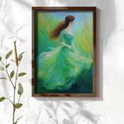 WallXpert uramljena MDF slika NAL094-70, žena u zelenoj haljini u vetru medu visokom travom, u stilu uljane slike, 50 x 70 cm