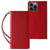 HURTEL Magnetni etui s trakom za iPhone 14 Plus, ovitek z zavihkom, denarnica, mini vrvica, stojalo, rdeča