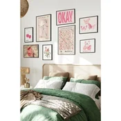 WallXpert set od 8 uramljenih slika Çgs-016, roze motivi – balerina, Matisse cvetni plakat, leptiri, flamingosi i natpis Okay, crni ram